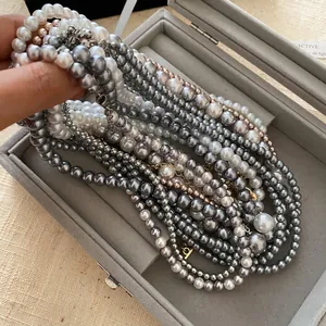 French retro style grey and white pearl necklace for elegant clavicle decoration