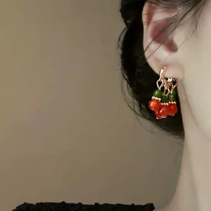 Elegant New Chinese style beaded hoop earrings with vintage red and green berry charms.