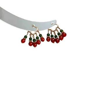 Elegant New Chinese style beaded hoop earrings featuring vintage red and green gemstones