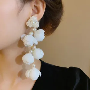 Elegant handmade white fabric flower and pearl long statement drop earrings for women