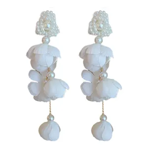 Elegant white fabric flower drop earrings with pearls in forest style for women
