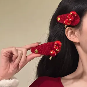 Red Flocked Sugar Gourd Hair Clip Chinese Style Copper Coin BB Clip Elegant Velvet Hairpin Women Lunar New Year Accessory