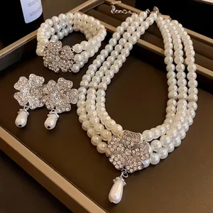 Französische Mehrlagige Künstliche Perlenkette Armband Ohrringe Strass Blume Anhänger Schlüsselbeinkette Elegante Damen Schmuck