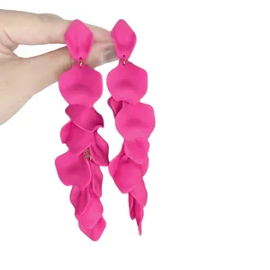 Vibrant fuchsia layered rose petal tassel long drop earrings for stylish women fashion