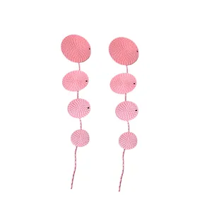 Bohemian long pink textured disk dangling earrings for women, vintage style jewelry.