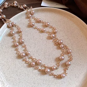 Elegante collana di perle vintage a strati in rosa champagne per la moda donna