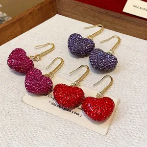 Sparkling heart-shaped crystal drop earrings in three vibrant colors for women