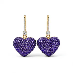 Exquisite gold-plated heart drop earrings adorned with shimmering purple pavé crystals
