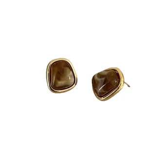 Elegant vintage brown marble resin stud earrings with gold-plated geometric frames for women