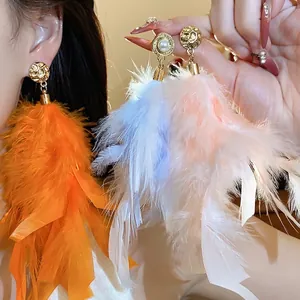 Elegant Feather Tassel Stud Earrings 925 Sterling Silver Post Gold Plated Alloy Artificial Pearl Jewelry Women Wedding Party