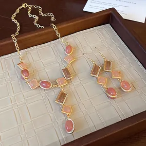 Vintage Geometric Rhinestone Necklace And Earrings Gold Plated Alloy Fashion Accessories For Women Party Wedding Gift