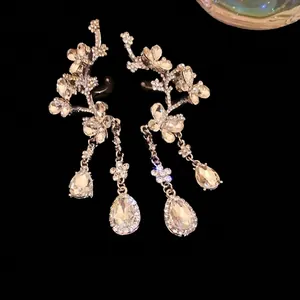 Silver butterfly floral teardrop integrated ear cuff and stud earrings with rhinestones