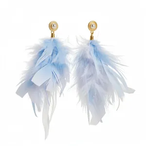 Elegant silver needle feather tassel earrings with pearl studs in light blue and white