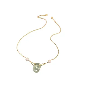 Elegant New Chinese style necklace featuring interlocking jade loops and pearls on gold chain