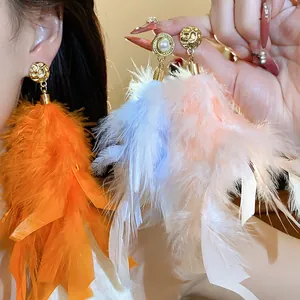 Detailed view of the fluffy texture and vibrant colors of feather tassel earrings