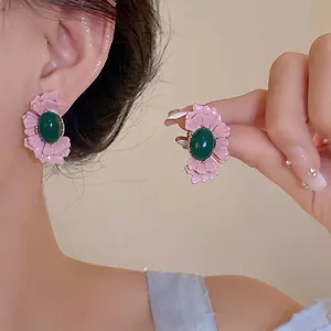 Süße Florale Rosa Grüne Glas Ohrstecker Mit Silber Ohrringpfosten Für Damen Mode Pendeln Legierung Blumen Schmuck