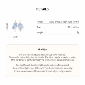 Detailed specifications of elegant blue feather tassel earrings with 925 silver needles