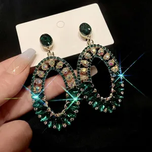 Retro Oval Rhinestone Stud Earrings For Women Exaggerated European American Alloy Jewelry Emerald Green Rhinestone Earrings Gift