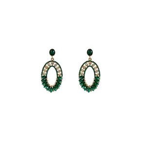 Elegant vintage emerald green oval dangling earrings with sparkly rhinestone accents for women