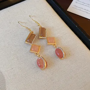 Vintage style drop earrings with geometric colorful stones and delicate rhinestone accents