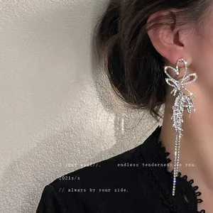 Luxury Alloy Heart Bow Knot Rhinestone Tassel Stud Earrings With 925 Sterling Silver Earring Post Retro Fashion Women Jewelry