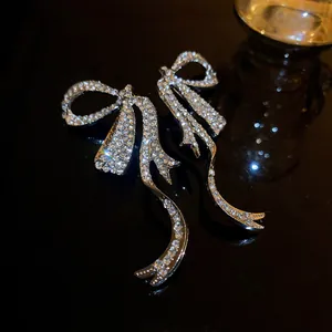 Elegant Bowknot Long Tassel Drop Earrings For Women Rhinestone Inlaid Alloy With 925 Sterling Silver Earring Post Jewelry