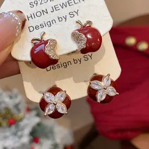 Orecchini a Bottone a Mela in Smalto Rosso Con Perno in Argento Sterling 925 Gioielli a Forma di Fiore e Frutta Per Donna Regalo