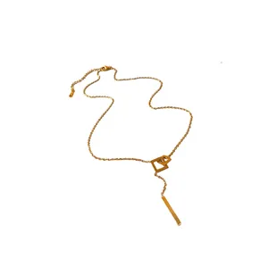 Elegant gold stainless steel Y-necklace featuring geometric square and bar pendant design