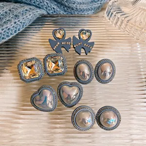 Vintage heart and pearl stud earring set with rhinestones and S925 silver needles