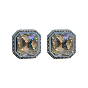 Vintage square stud earrings with champagne crystal and blue octagonal frame inlay