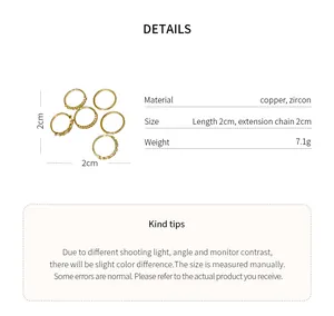 Specifiche dettagliate del prodotto per anelli in zircone placcati oro con materiale e peso.