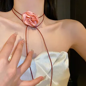 Sweet pink flower choker necklace with burgundy cord for women, elegant fashion style
