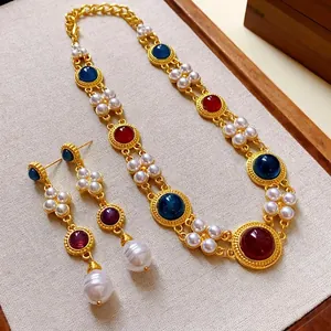 Vintage Baroque Alloy Artificial Pearl Jewelry Set Gold Plated Double Layer Necklace Colorful Resin Gemstone Earrings For Women Palace Style Jewelry
