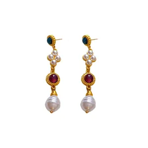 Elegant vintage style gold-toned drop earrings with baroque pearls and colorful gemstones
