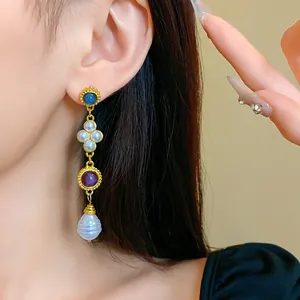 Vintage court style long drop earrings with elegant pearls and colorful colorful gemstones