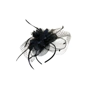 Elegantes schwarzes Netz-Fascinator-Stirnband mit Stoffblumen und Federn