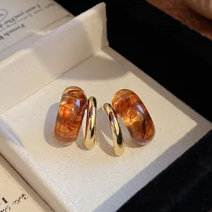 Detailed view of elegant amber resin and gold-plated geometric stud earrings in box