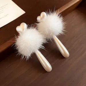 Sweet White Heart Artificial Pearl Plush Ball Drop Earrings For Women Silver Earring Post Autumn Winter Fashion Jewelry