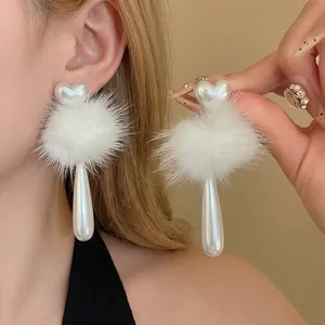 Elegant white faux pearl heart pom-pom dangle earrings for a sweet autumn and winter look