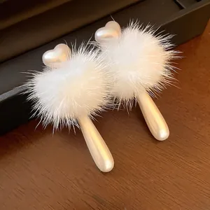 Elegant white faux fur ball heart-shaped pearl drop earrings for autumn and winter fashion