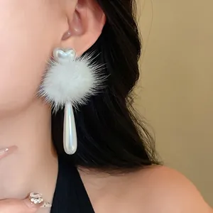 Elegant white fur ball earrings with heart-shaped top and teardrop faux pearl drops for women