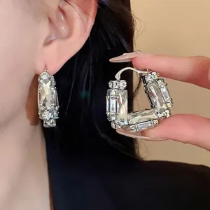 Fashion U-Shape Bag Design Hoop Earrings For Women Silver Plated Copper Rhinestone Inlaid Geometric Ear Buckle With Silver Earring Post