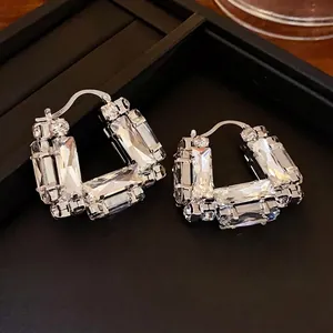 Luxury U-shaped silver hoop earrings with shimmering rectangular baguette crystals for women