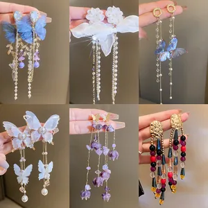 Vintage Alloy Gauze Butterfly Tassel Earrings For Women With 925 Sterling Silver Earring Post Rhinestone Inlaid Long Dangle Flower Earrings Fashion Jewelry