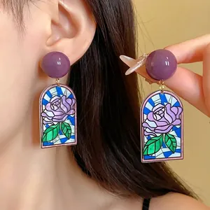 Boucles d'Oreilles Pendantes Style Vitrail Rose Florale pour Femmes Alliage Résine Élégantes Boucles d'Oreilles Fleur Violette Avec Tige Argent