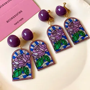 Boucles d'oreilles vitrail rose vintage avec perles violettes et argent