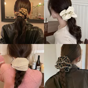 Vintage Leopard Print Fabric Scrunchies For Women Autumn Winter Knitted Plaid Polka Dot Hair Ties Korean Fashion Handmade Elastic Hair Accessories