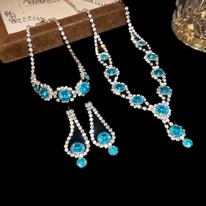 Luxury Copper Rhinestone Flower Necklace Bracelet Earrings Jewelry Elegant Wedding Party Formal Fashion Blue Jewelry