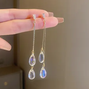 Detailed view of long gold-tone tassel earrings featuring clear teardrop glass pendants