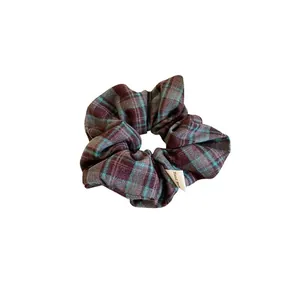 Vintage plaid scrunchie hair tie in purple and blue tones for autumn winter style